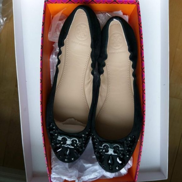 NWT Tory Burch® Black Delphine Crystal Logo Flats - Picture 6 of 8